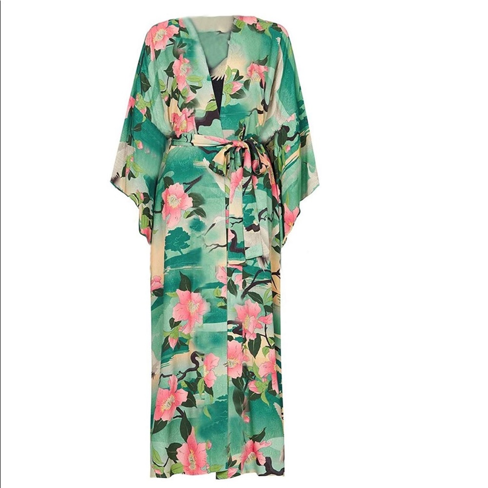 Floral Boho Long Kimono Duster Coverup Robe - Picture 3 of 4